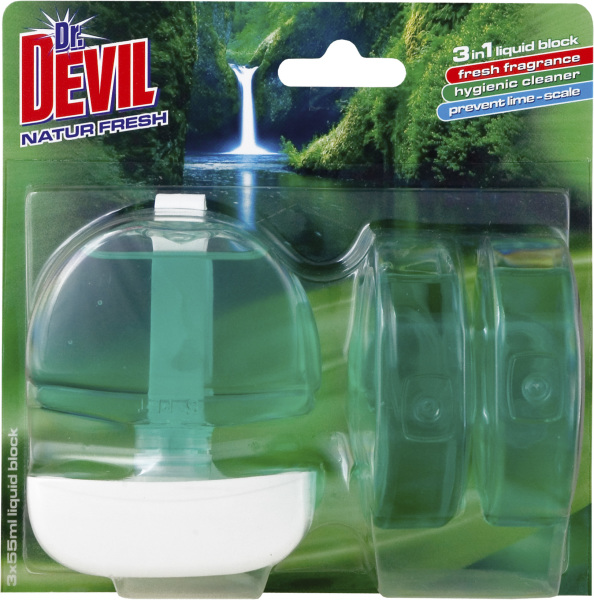 Dr. Devil 3v1 Natur Fresh, tekutý WC blok, košíček + 3x náplň 55 ml